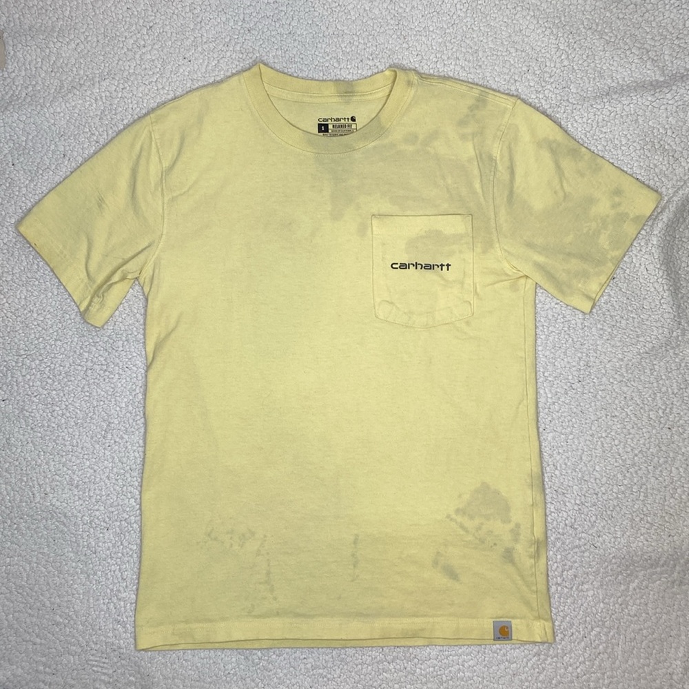 Carhartt Distressed Relaxed Fit Heavyweight Yellow Logo T-Shirt: Size Smal
